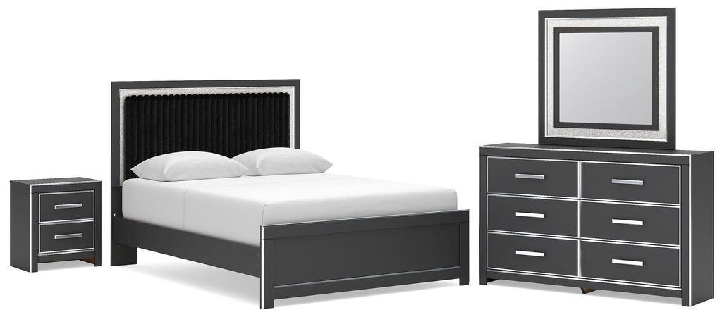 Queen upholstered bed set with nightstand, dresser, and wall mirror