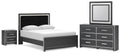 Queen upholstered bed set with nightstand, dresser, and wall mirror