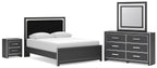 Queen upholstered bed set with nightstand, dresser, and wall mirror