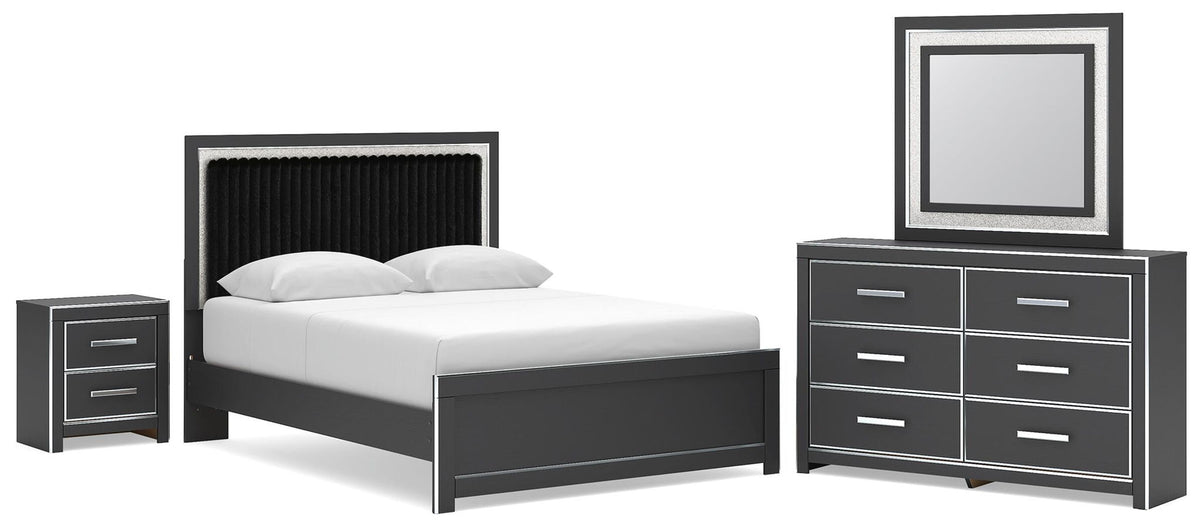 Queen upholstered bed set with nightstand, dresser, and wall mirror