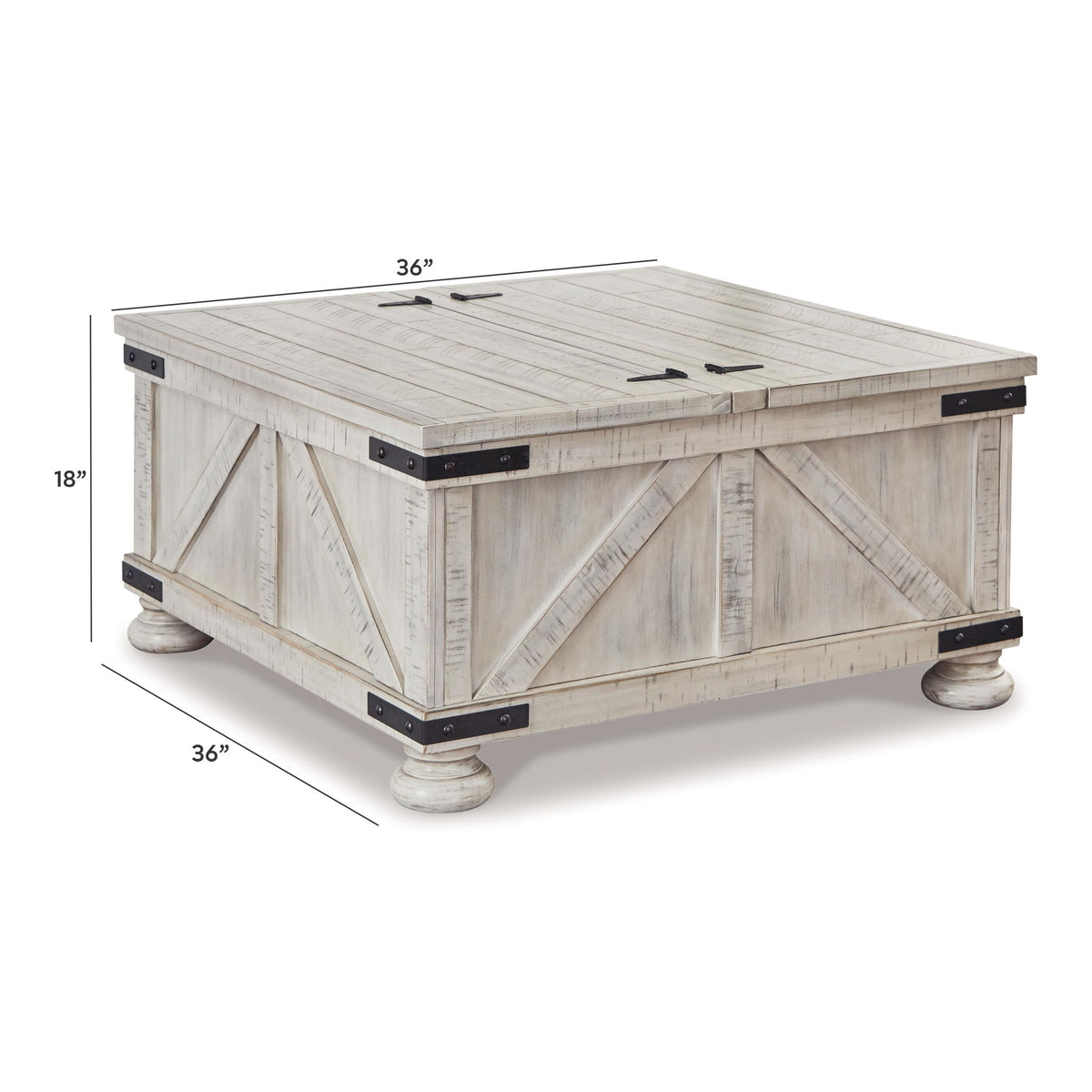 Whitewash storage cocktail table with hinged lid, plank top, black corner brackets, casters