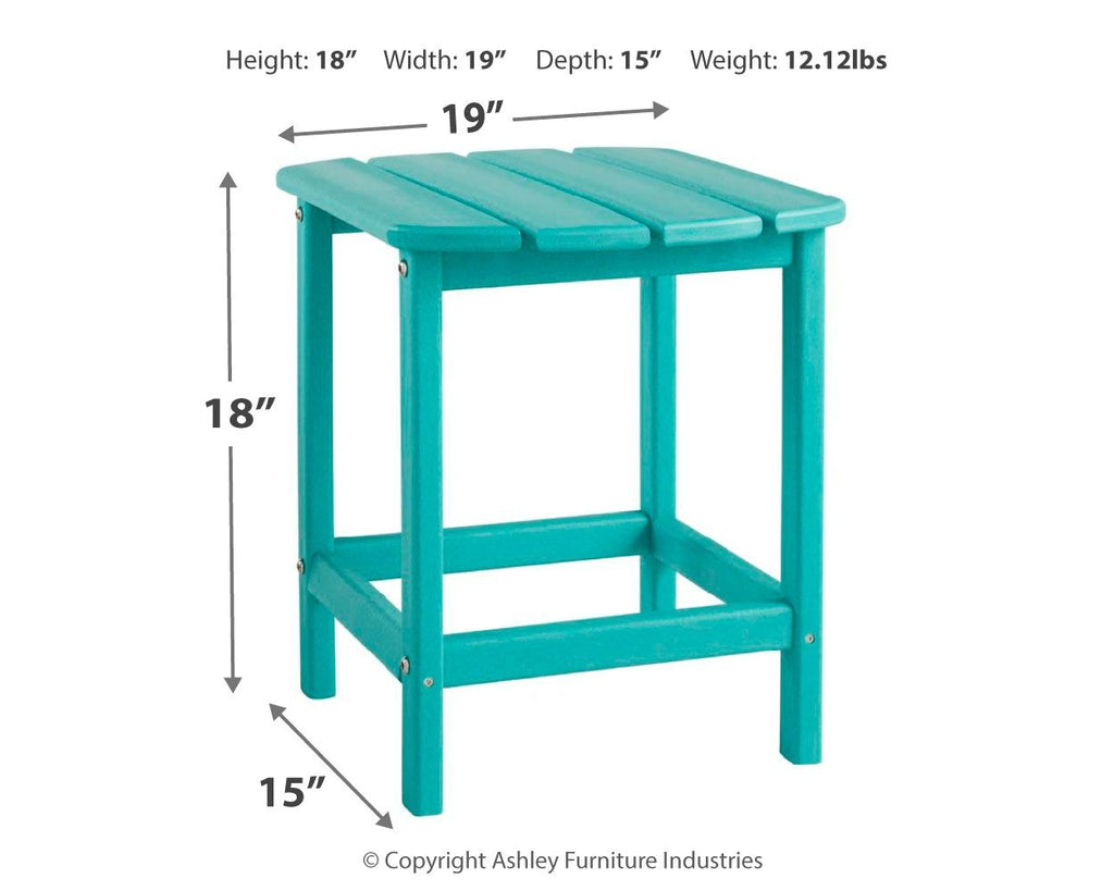 Outdoor end table in teal with slatted top and open lower shelf