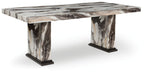 Rectangular dining table with marble-look top and dark brown base legs