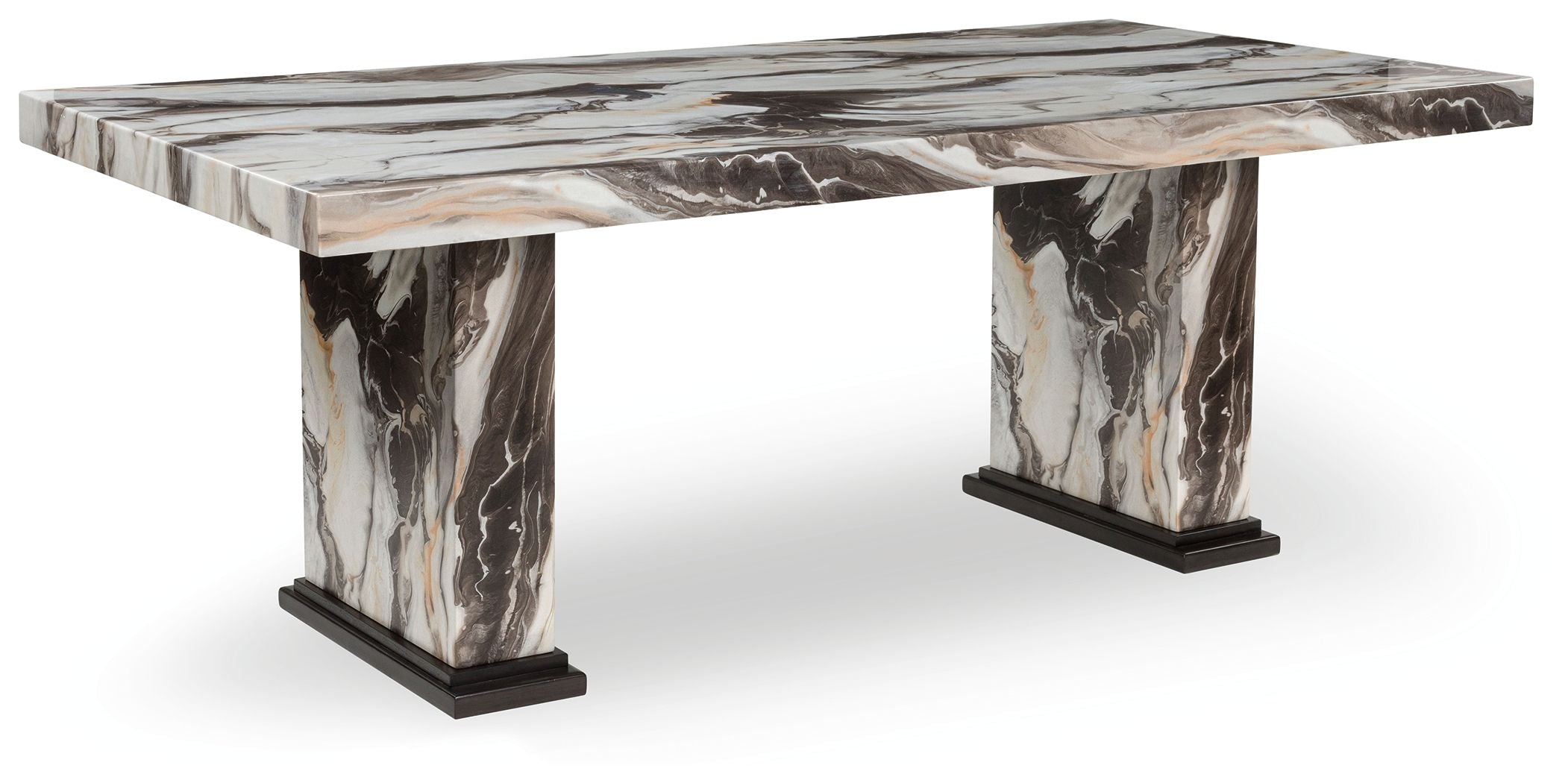 Rectangular dining table with marble-look top and dark brown base legs