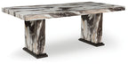 Marble-pattern dining table with dark base and rectangular tabletop