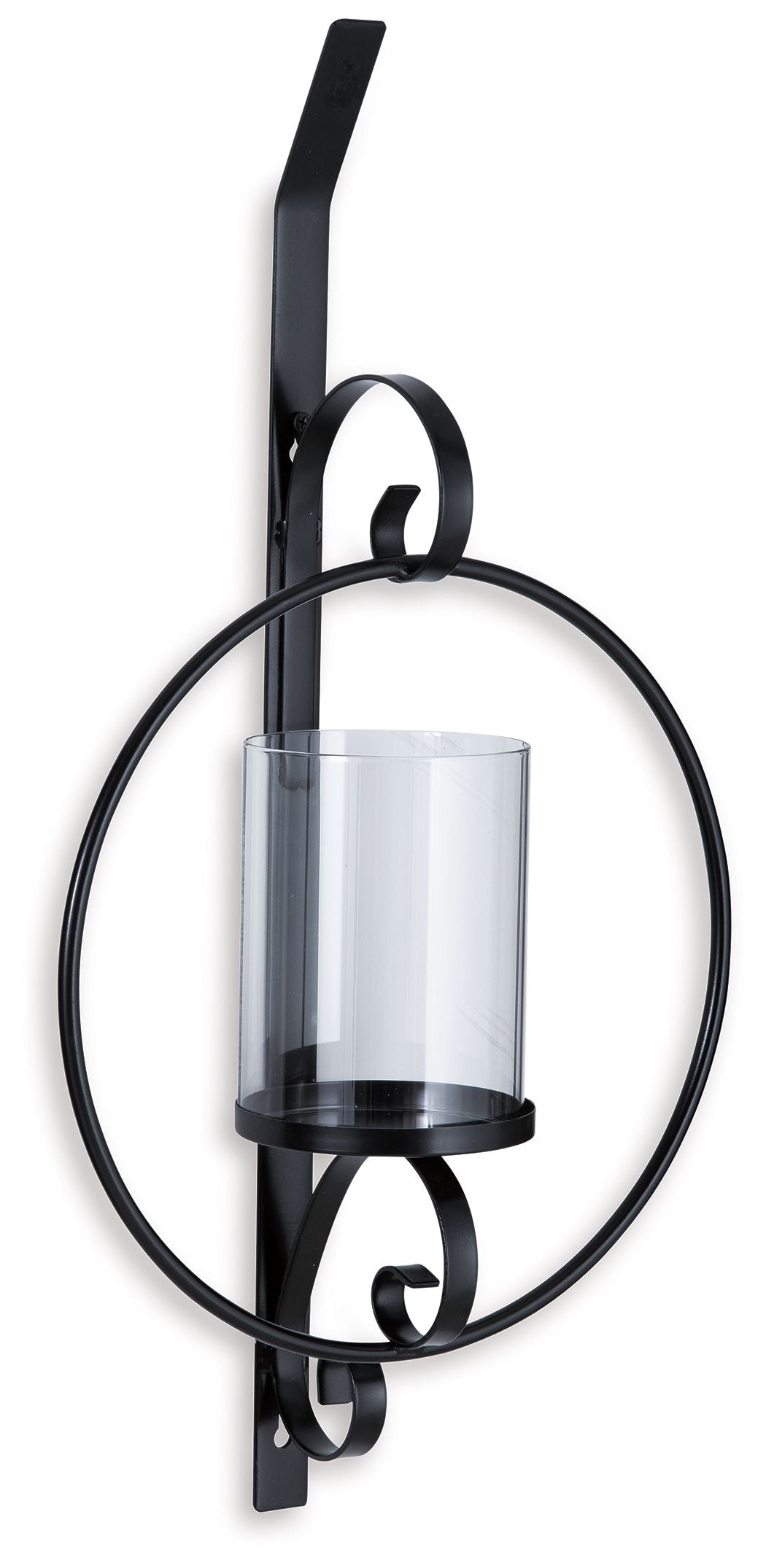 Black wall sconce with clear glass cylinder shade and curved metal frame