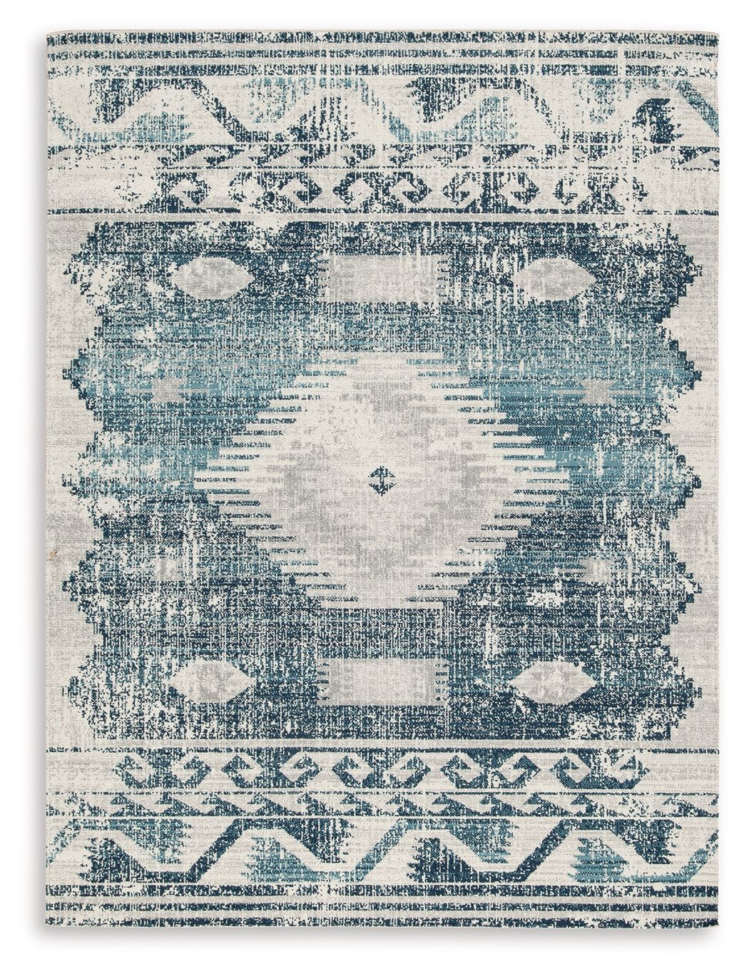 Blue and ivory area rug with distressed geometric medallion pattern