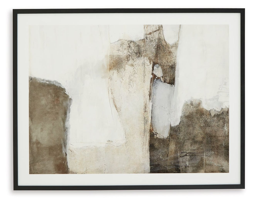 Framed abstract wall art with off-white, tan, and dark brown vertical textures