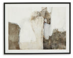 Framed abstract wall art with off-white, tan, and dark brown vertical textures