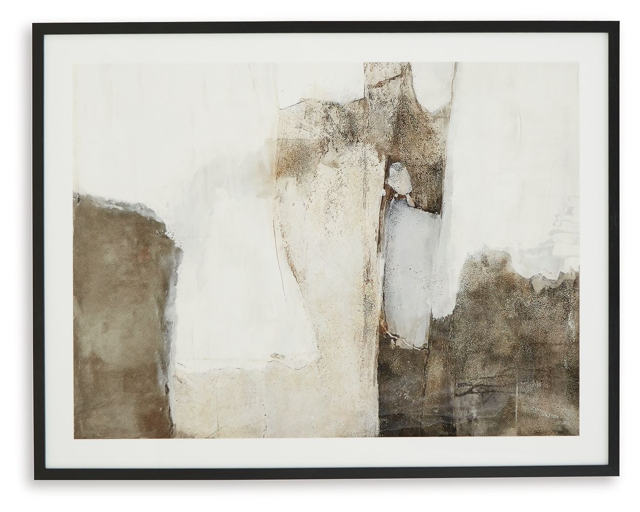 Framed abstract wall art with off-white, tan, and dark brown vertical textures