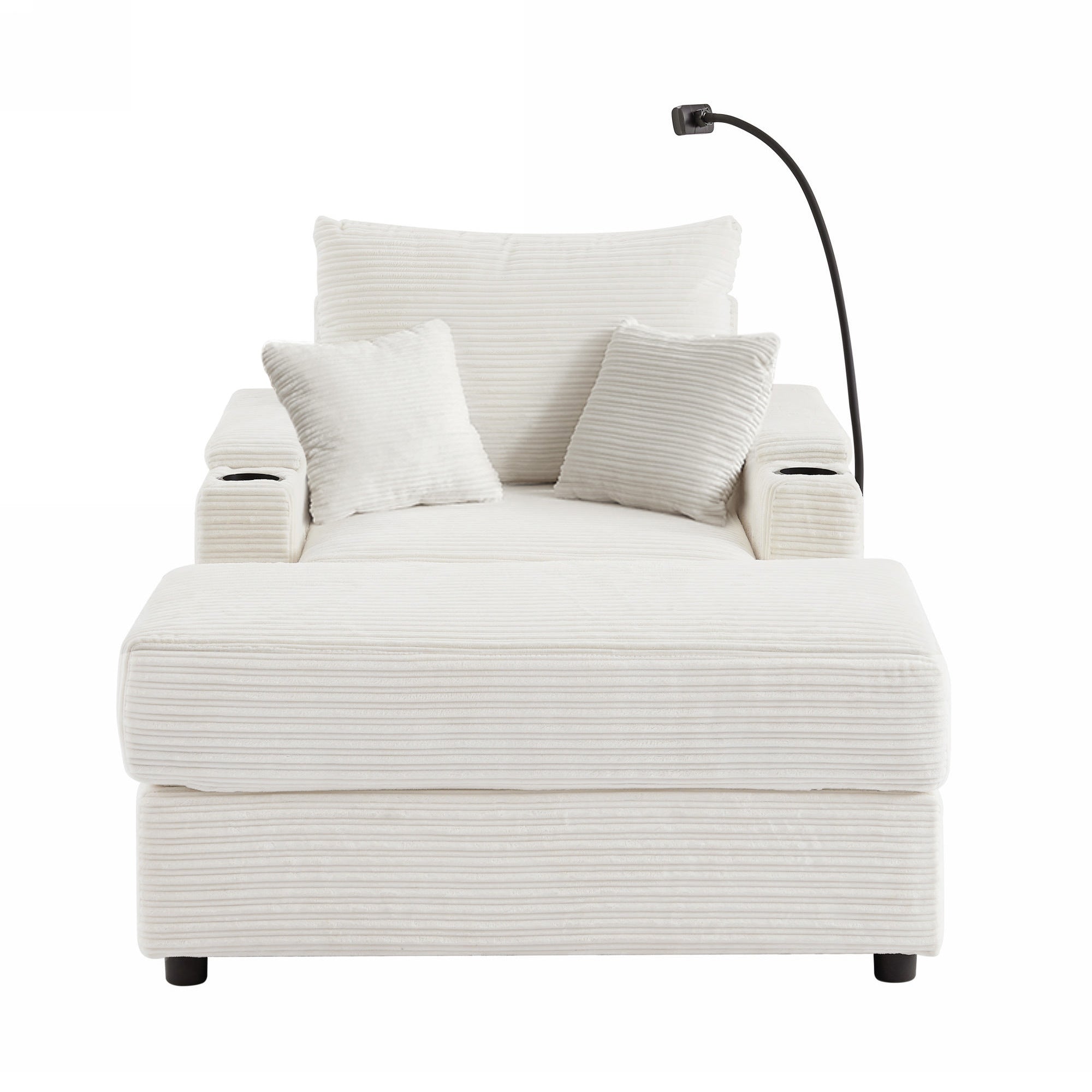 Modern Single Sofa w/Storage, Ottoman, USB, Beige Corduroy