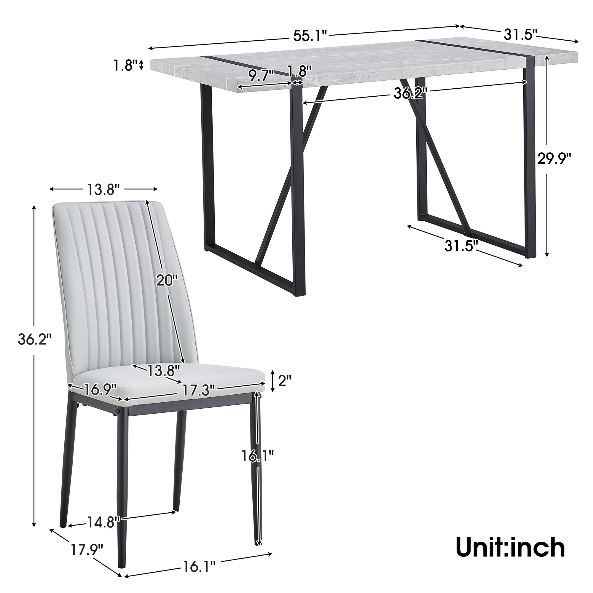 5-Piece Dining Set w/ Faux Leather Chairs - Gray