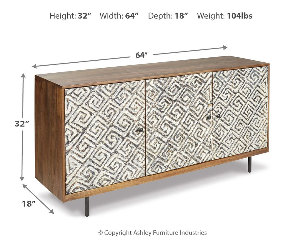 Geometric-front accent cabinet with brown frame, three doors, shown with dimensions