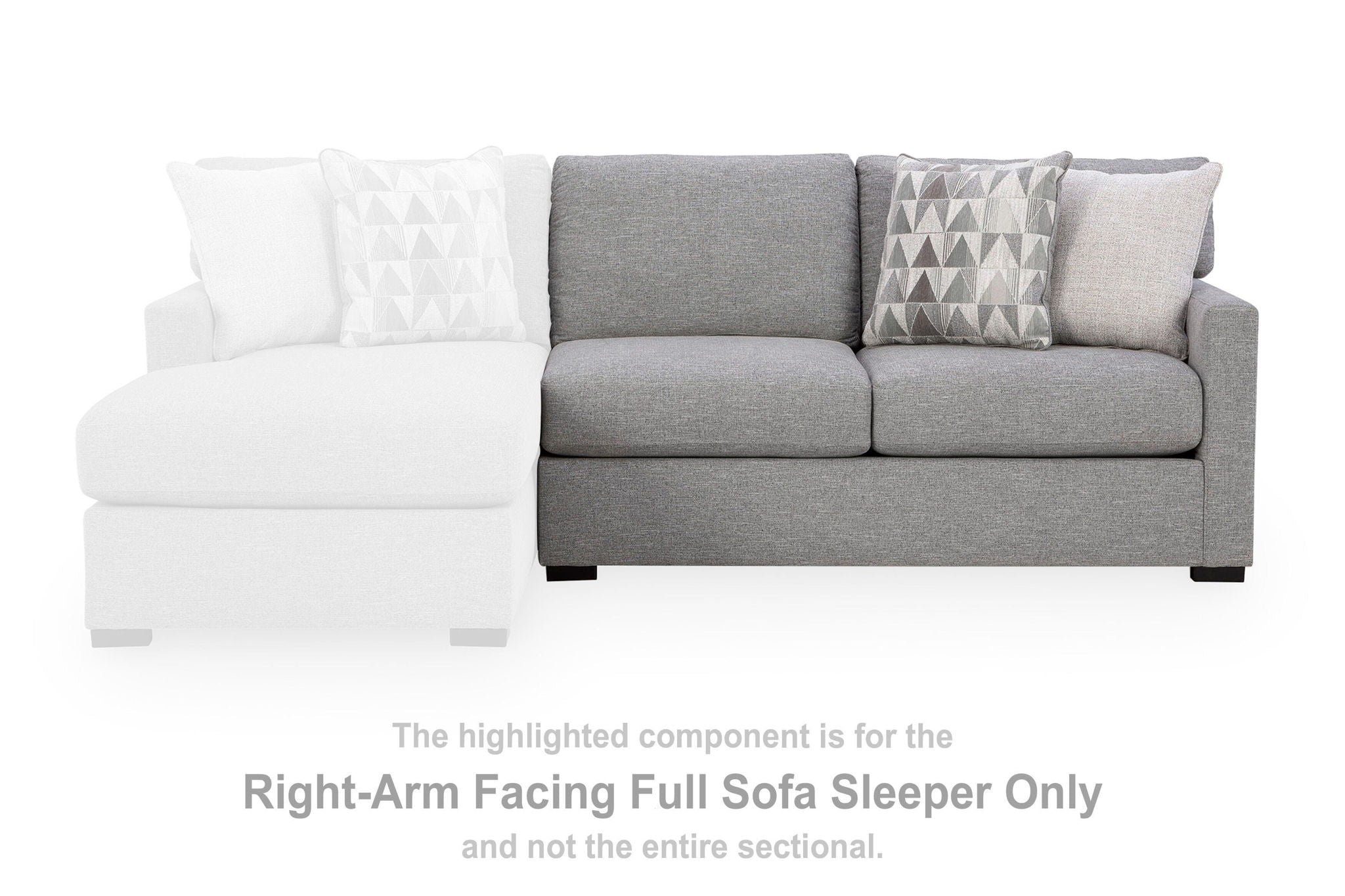 Pewter right-arm facing full sofa sleeper with cushioned arm and back pillows