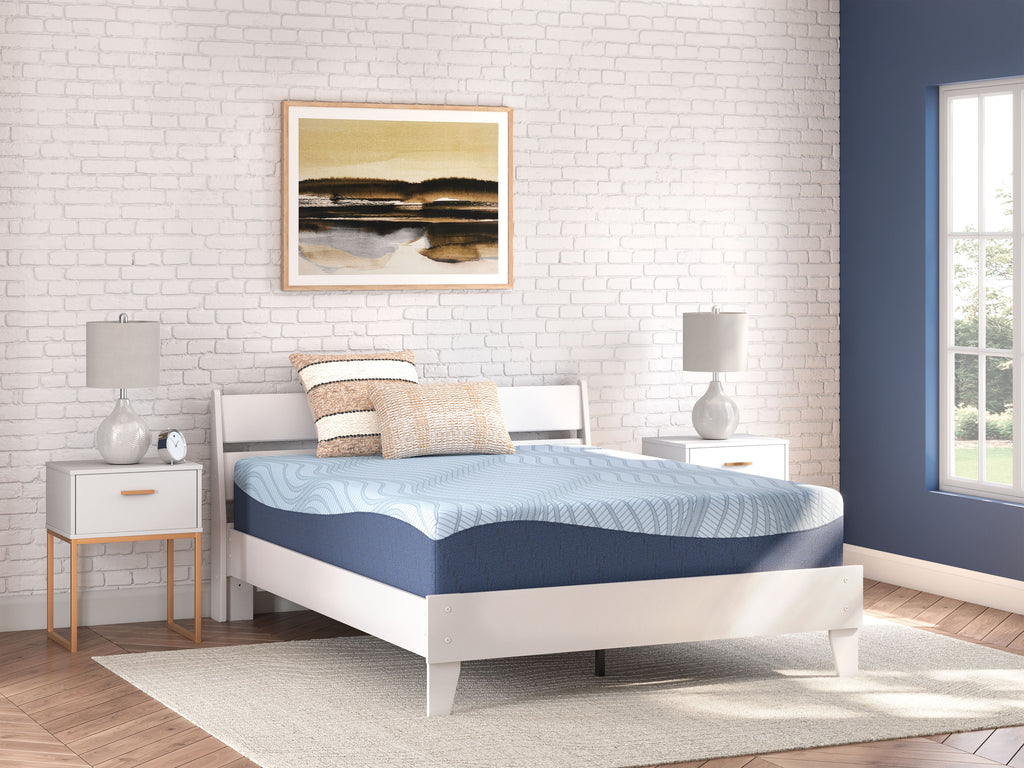 Blue memory foam mattress on white bed frame, wavy top pattern