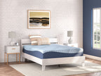 Blue memory foam mattress on white bed frame, wavy top pattern