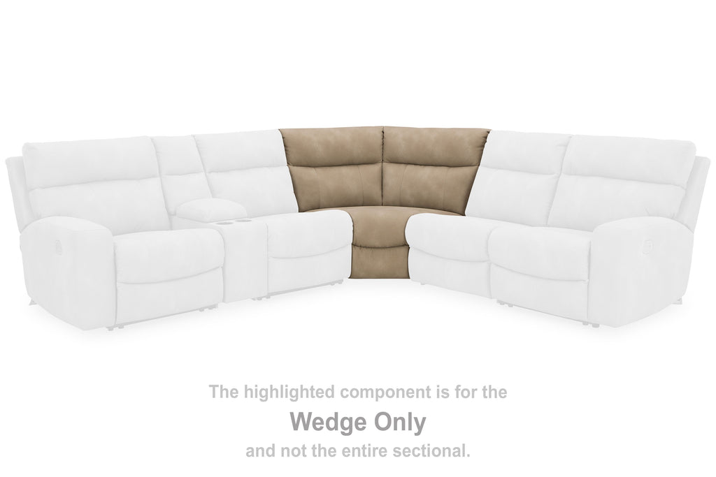 Sand wedge sofa segment highlighted within a corner sectional, upholstered cushions