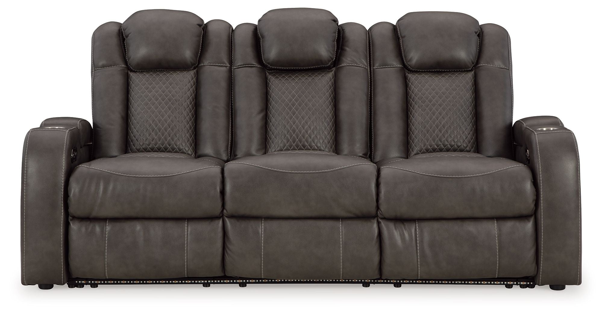 Power reclining sofa with adjustable headrests, dark gray upholstery, front view