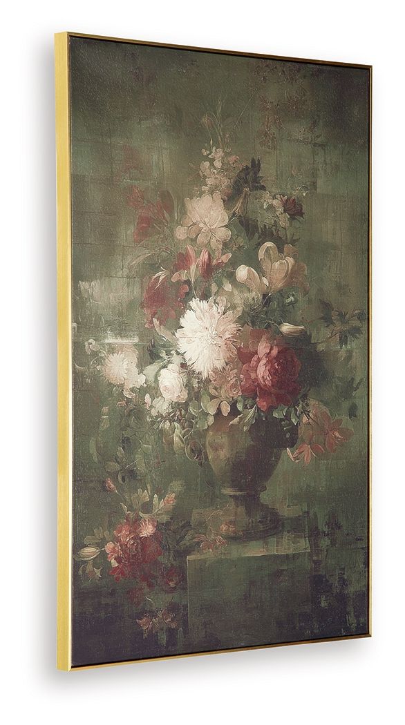 Flower wall art print in thin gold frame, muted floral bouquet on dark background