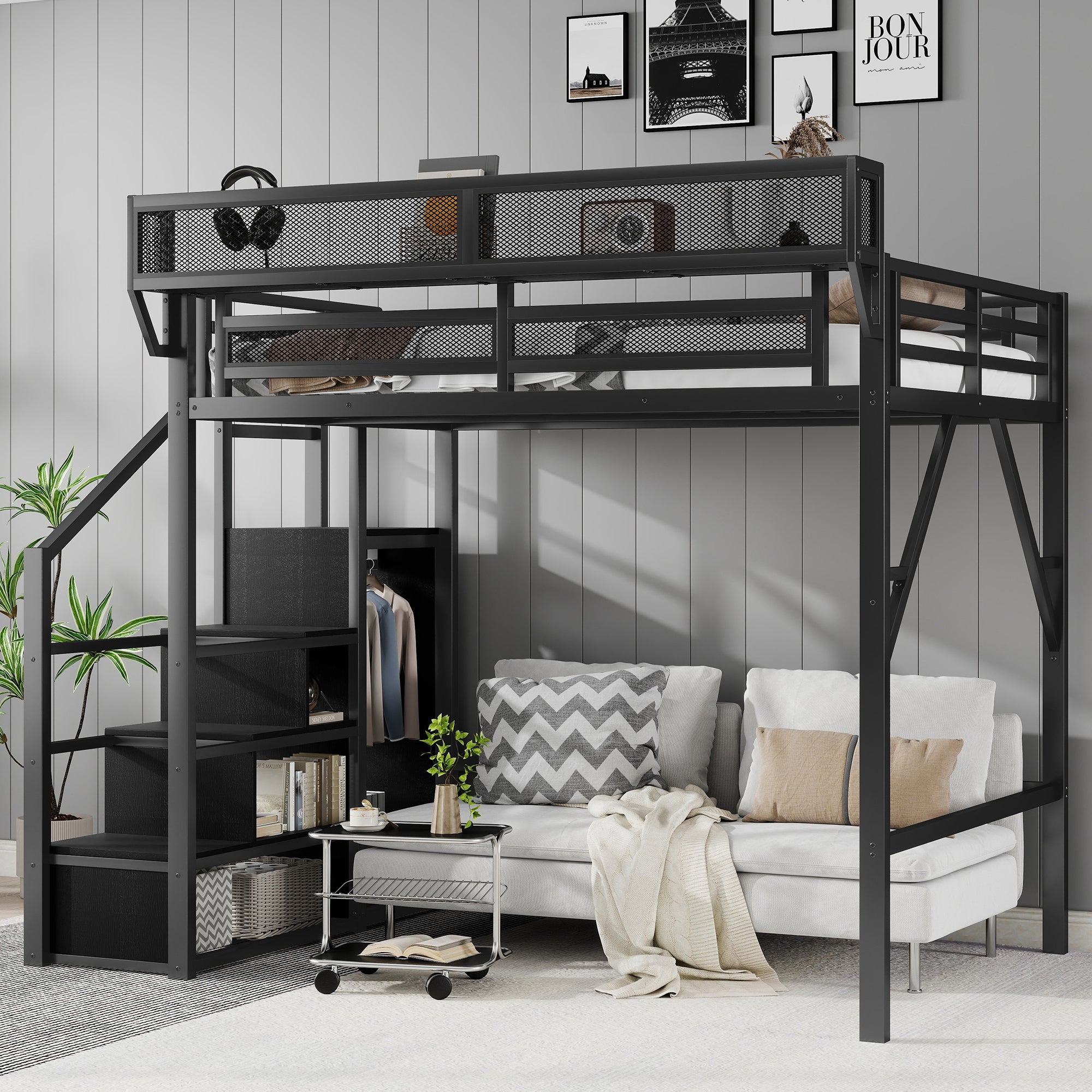 Full Size Metal Loft Bed with Stairs, Storage & Wardrobe for Teens