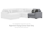 Gray right-facing corner chair section of a sectional with upholstered arms and pillows