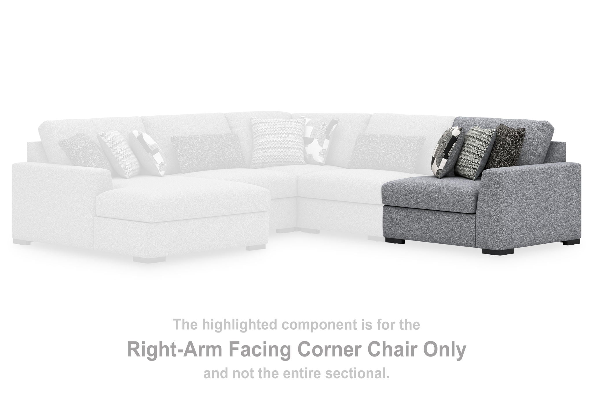 Gray right-facing corner chair section of a sectional with upholstered arms and pillows