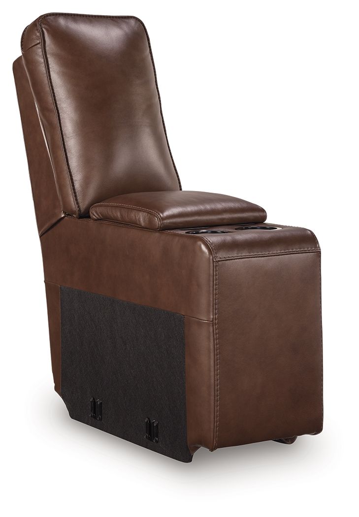 Brown upholstered console with storage, tall back and armrests, front panel