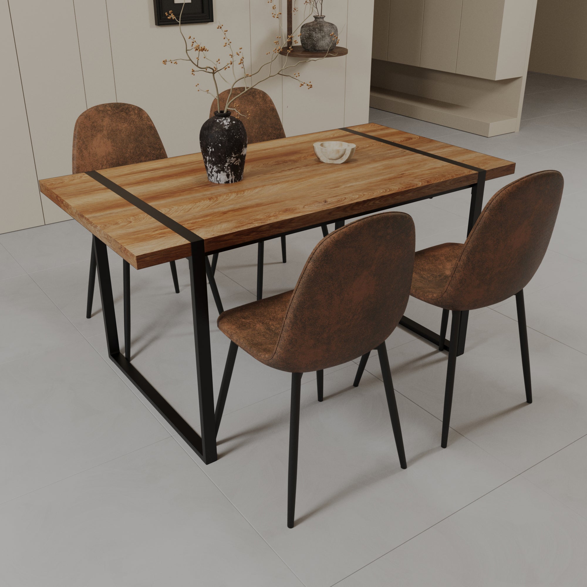 59" Modern Dining Table & 4 Suede Chairs Set