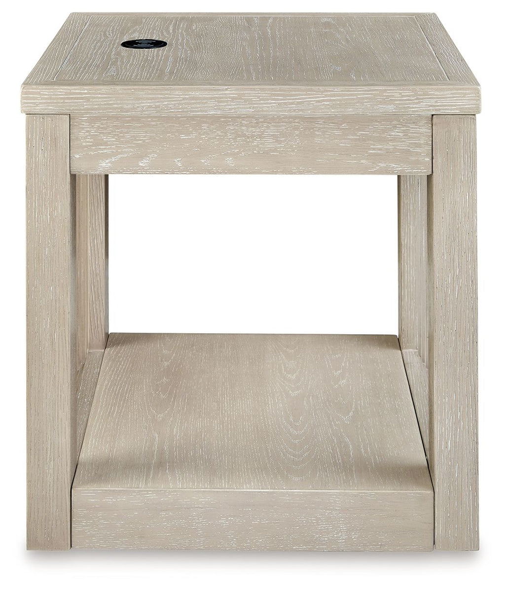 Square end table in light bisque wood with open upper shelf, solid lower panel, black knob