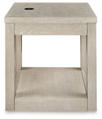 Square end table in light bisque wood with open upper shelf, solid lower panel, black knob
