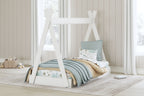 White tent bed frame in a child bedroom, with mattress and decorative pillows