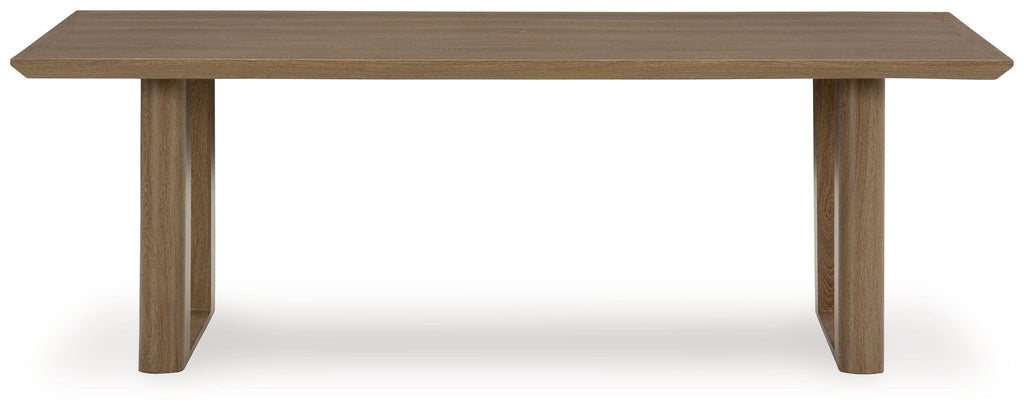 Dark brown outdoor dining table with four legs and wide rectangular tabletop
