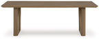 Dark brown outdoor dining table with four legs and wide rectangular tabletop