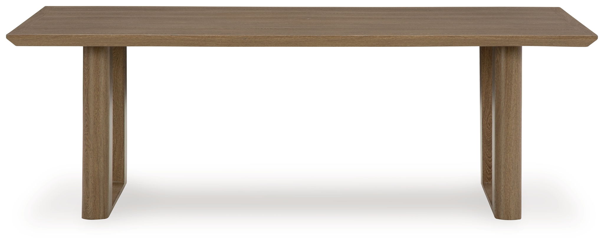 Dark brown outdoor dining table with four legs and wide rectangular tabletop