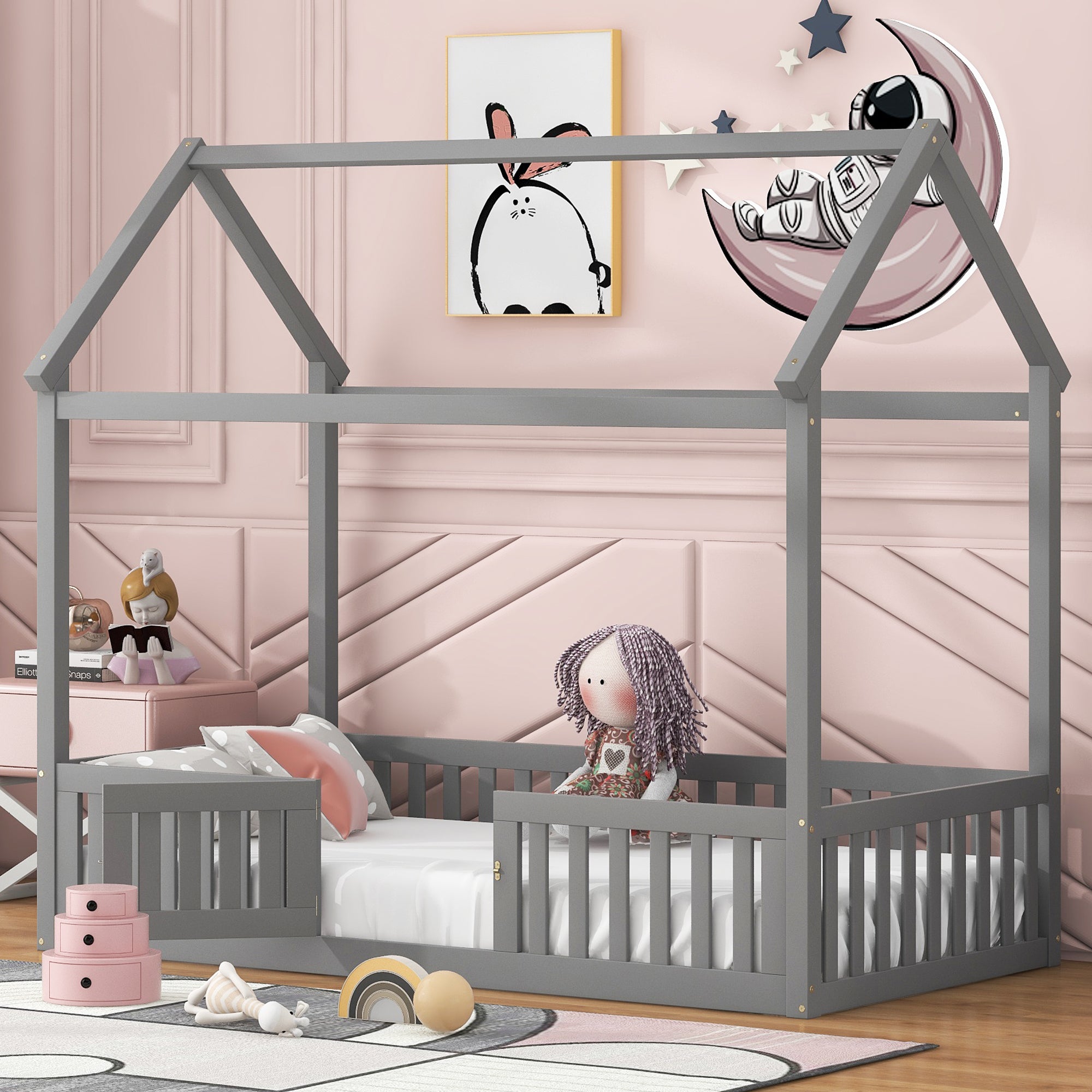 Twin Size Gray Wood House Bed with Fence & Door