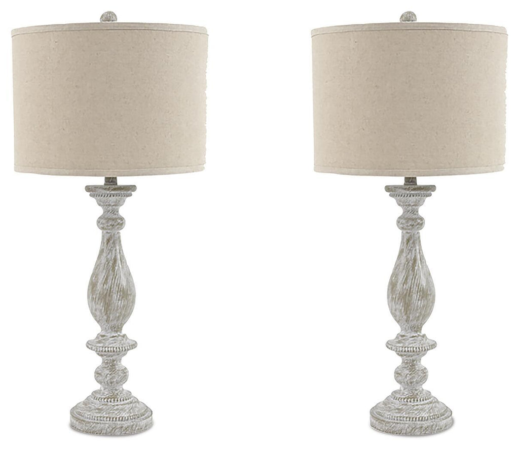 Set of 2 poly table lamps with beige fabric shades and whitewash base