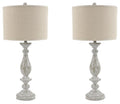 Set of 2 beige table lamps with fabric shades and textured gray bases