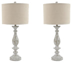 Set of 2 poly table lamps with beige fabric shades and whitewash base