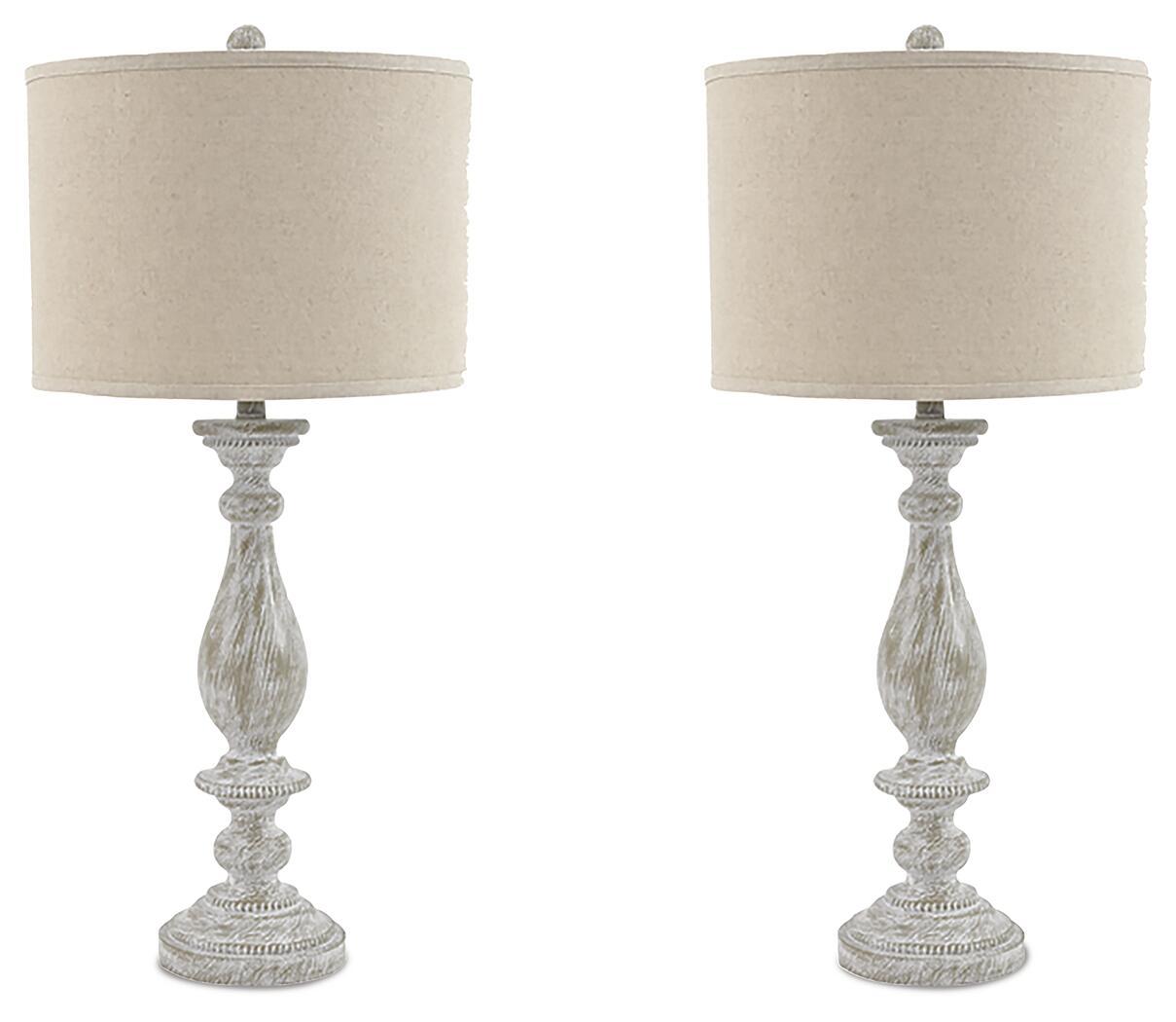 Set of 2 poly table lamps with beige fabric shades and whitewash base