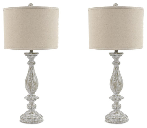 Set of 2 poly table lamps with beige fabric shades and whitewash base