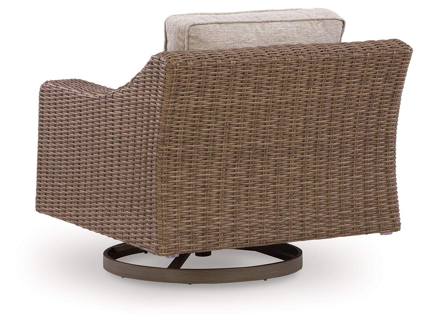 Beige cushion swivel lounge chair in woven brown wicker with round rotating base