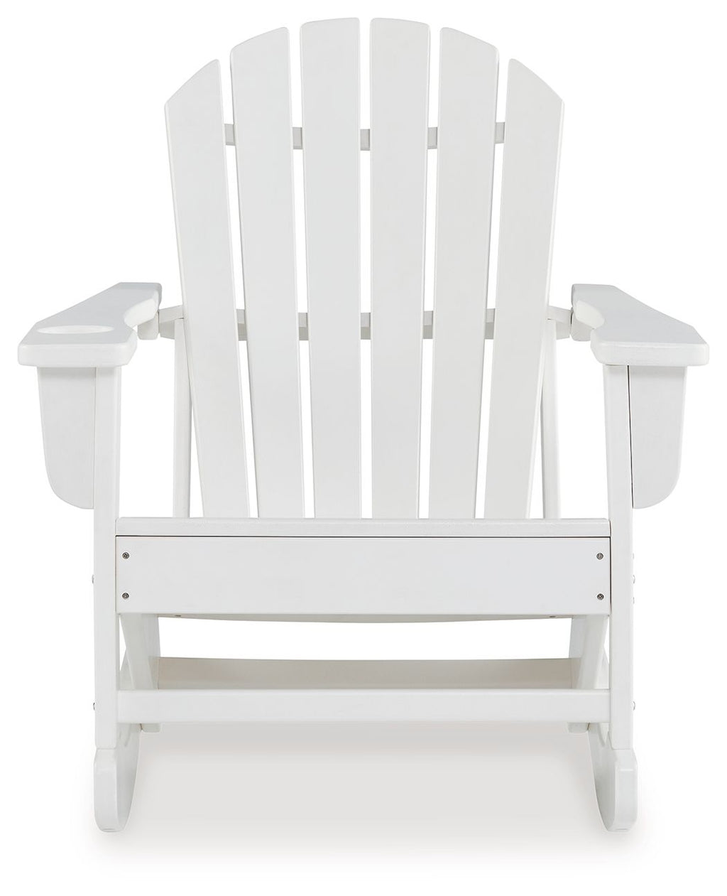 White Adirondack rocking chair front view with slatted back and padded-style seat.