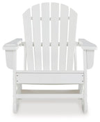 White Adirondack rocking chair front view with slatted back and padded-style seat.