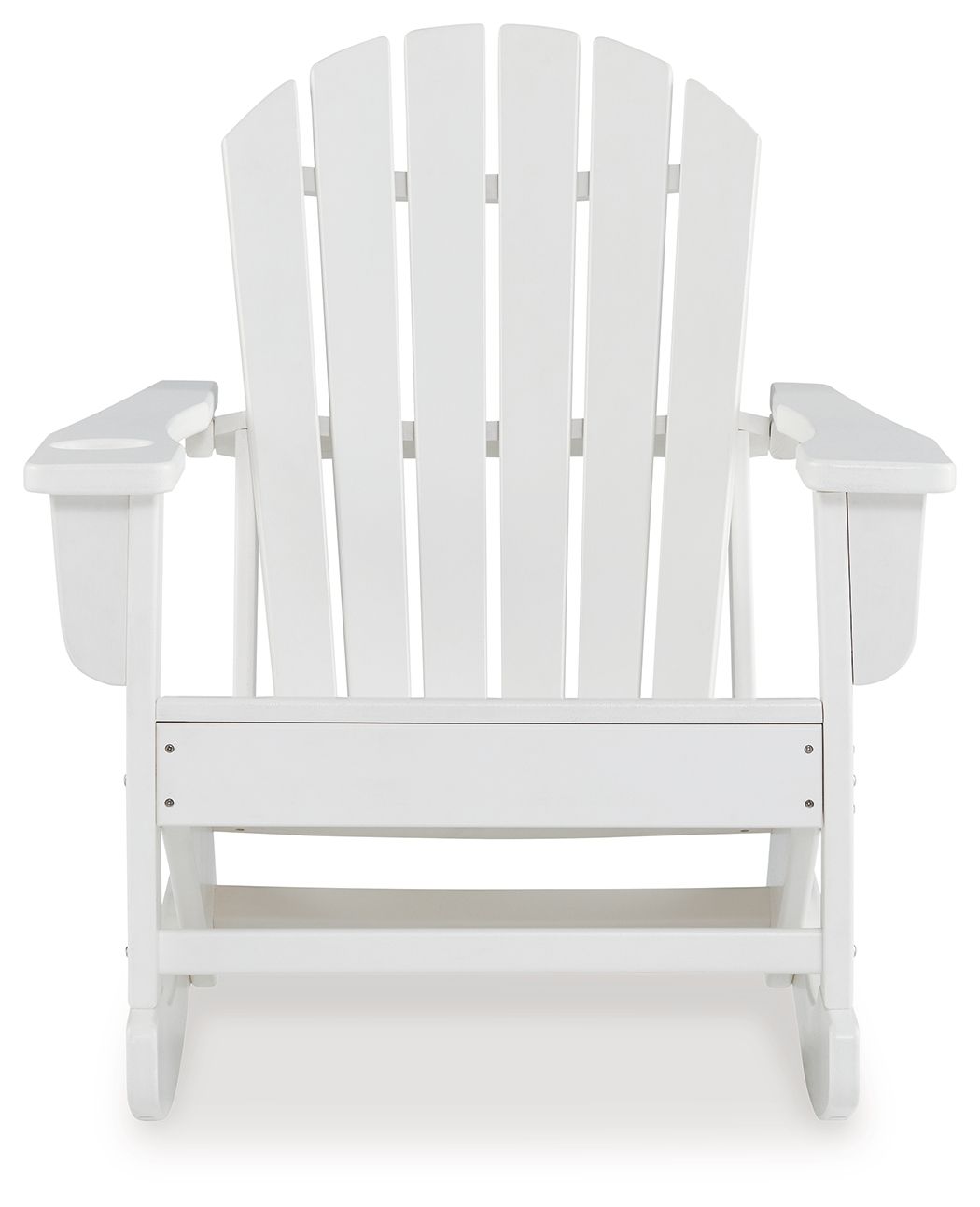 White Adirondack rocking chair front view with slatted back and padded-style seat.
