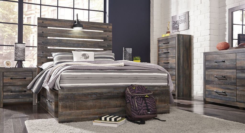 Panel bed with dark wood frame and panel headboard, shown with layered white bedding