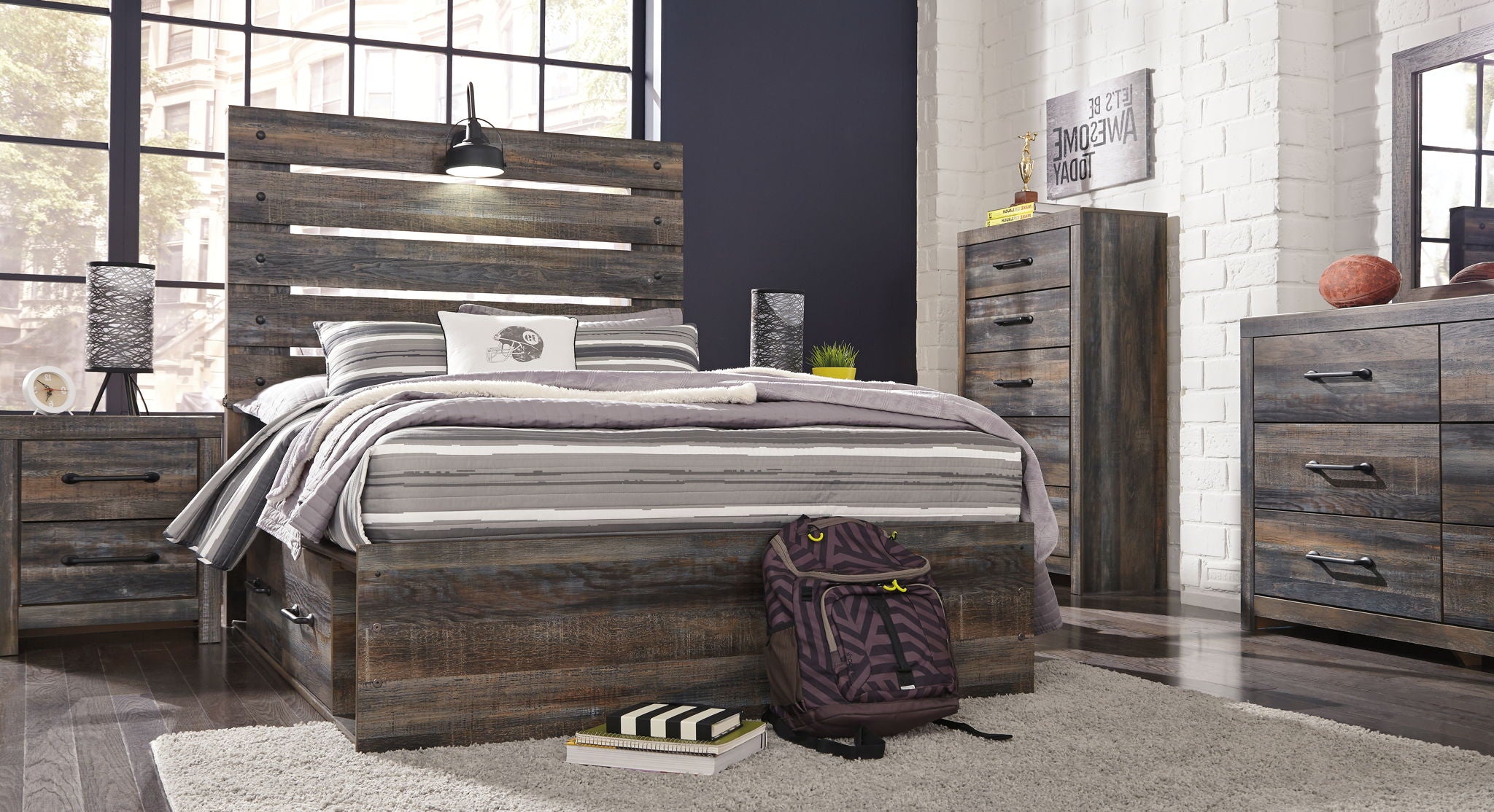 Panel bed with dark wood frame and panel headboard, shown with layered white bedding