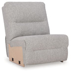 Pewter gray upholstered armless chair with padded back and seat