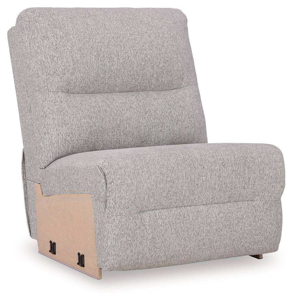 Pewter gray upholstered armless chair with padded back and seat