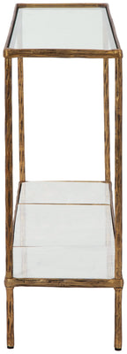 Antique brass console sofa table with open two-tier shelves, metal frame