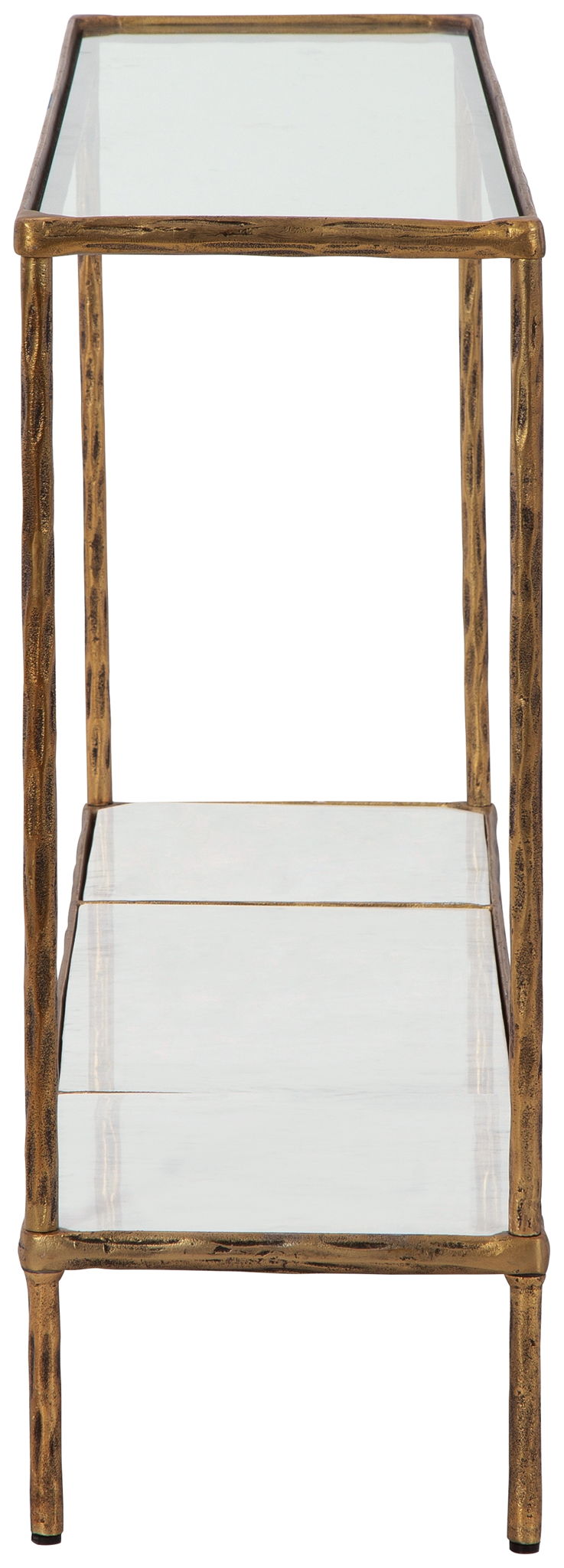 Antique brass console sofa table with open two-tier shelves, metal frame